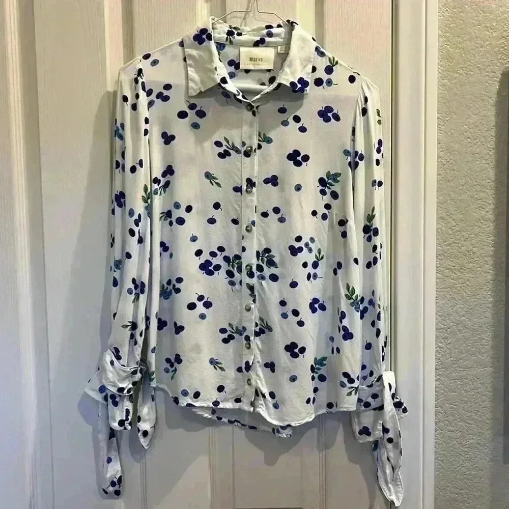 Anthropologie Maeve Novelty Print Blouse Top Fruit Blueberry Sz 4 Small - Picture 4 of 12